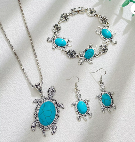Turquoise Turtle Jewelry Set - Necklace Bracelet Earrings - Boho Beach Style