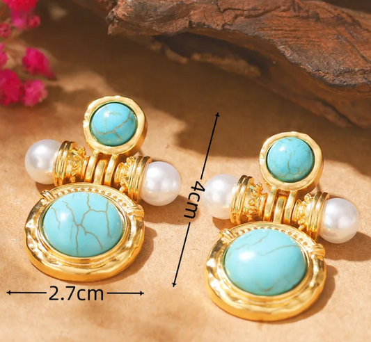 Retro Turquoise & White Pearl Drop Earrings - 18K Gold Plated Alloy Fashion Jewelry