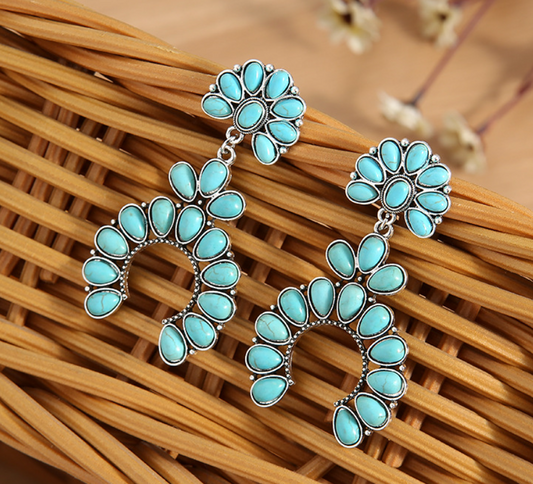 Southwestern Style Blue Turquoise Squash Blossom Horseshoe Drop Earrings