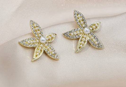Gold Flower Pearl Rhinestone Earrings - Fashion Jewelry with 925 Sterling Posts