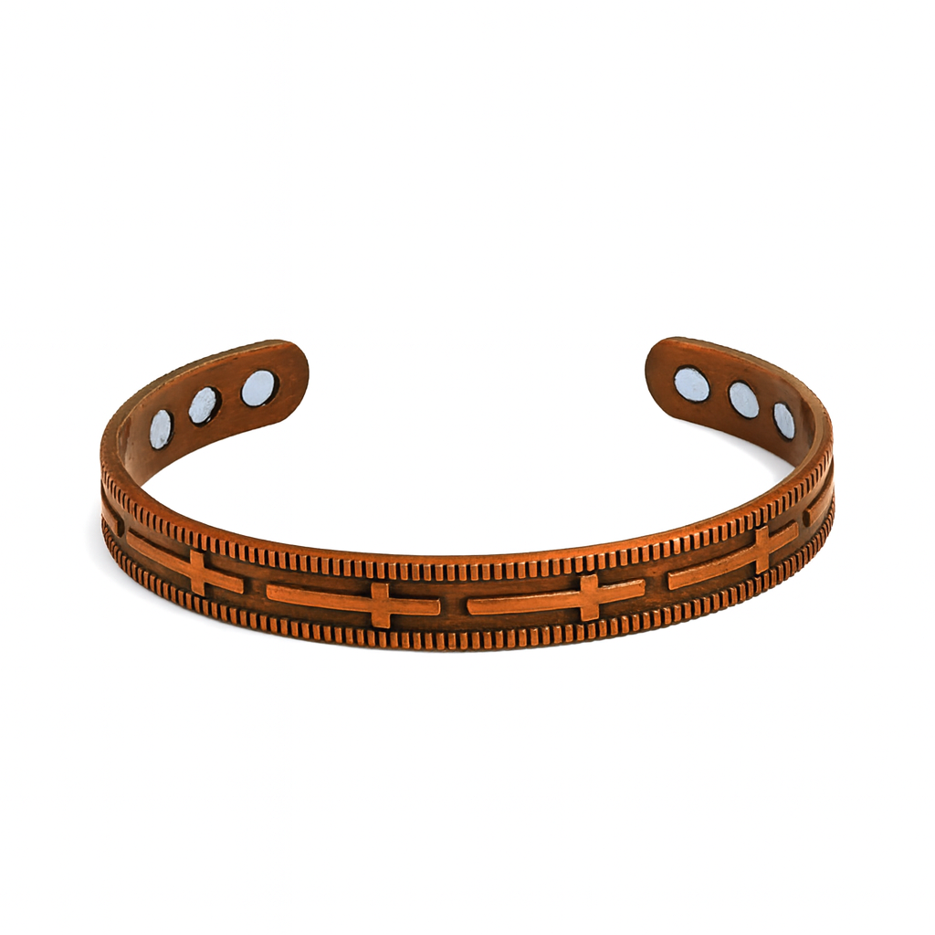 Copper Tone Magnetic Cuff Bracelet with Cross Pattern
