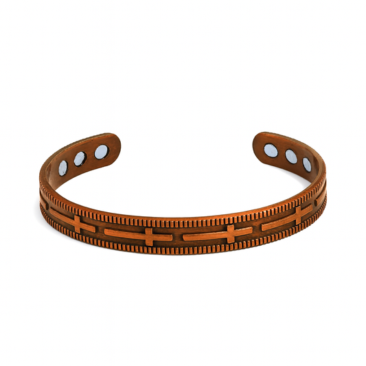 Copper Tone Magnetic Cuff Bracelet with Cross Pattern