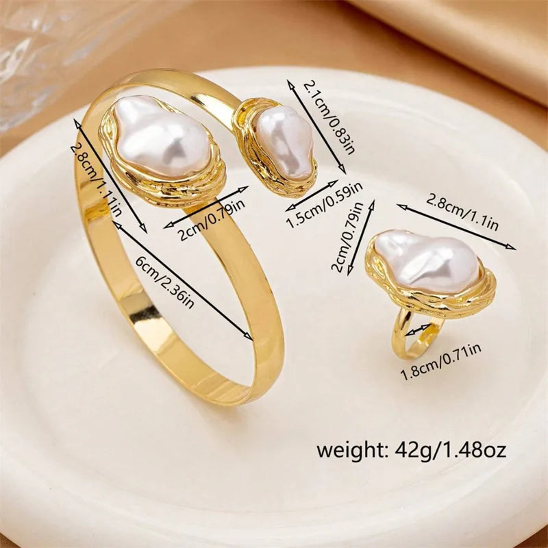 Gold Tone Ring & Bangle Set with Baroque Pearl Accents - 2 Piece Jewelry Set