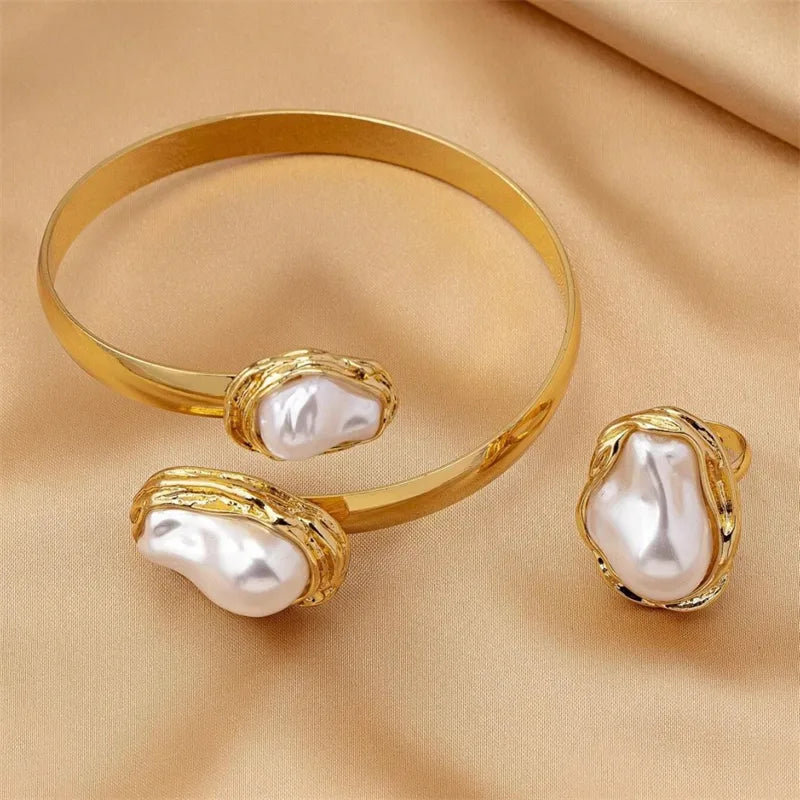 Gold Tone Ring & Bangle Set with Baroque Pearl Accents - 2 Piece Jewelry Set
