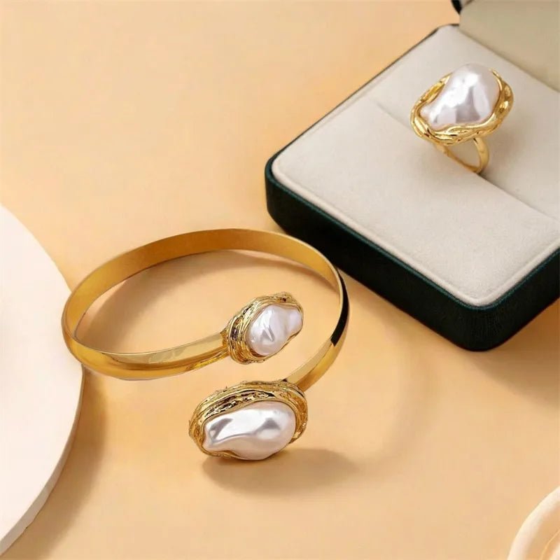 Gold Tone Ring & Bangle Set with Baroque Pearl Accents - 2 Piece Jewelry Set