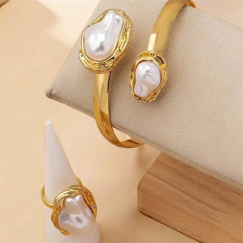 Gold Tone Ring & Bangle Set with Baroque Pearl Accents - 2 Piece Jewelry Set