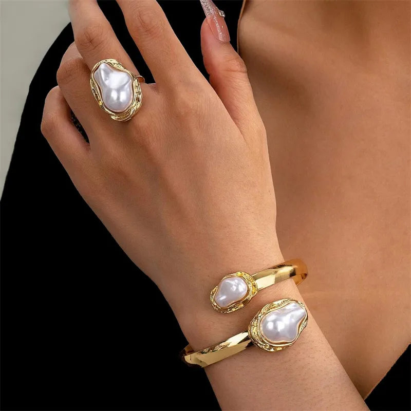Gold Tone Ring & Bangle Set with Baroque Pearl Accents - 2 Piece Jewelry Set