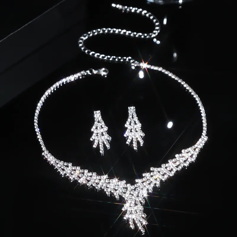 Bridal Pave CZ Necklace Earring Set Waterfall Drop Rhinestone Wedding Jewelry