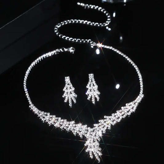 Bridal Pave CZ Necklace Earring Set Waterfall Drop Rhinestone Wedding Jewelry