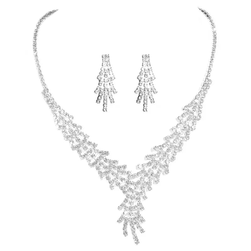 Bridal Pave CZ Necklace Earring Set Waterfall Drop Rhinestone Wedding Jewelry