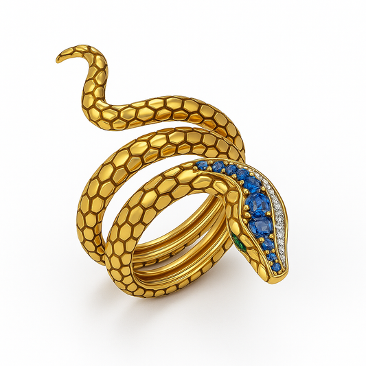 Gold Tone Snake Wrap Ring with Blue and White CZ Accents