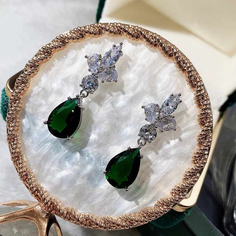 Emerald Green Teardrop Earrings with Clear CZ Leaf Cluster & Silver Tone