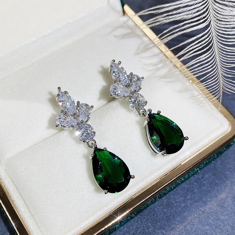 Emerald Green Teardrop Earrings with Clear CZ Leaf Cluster & Silver Tone