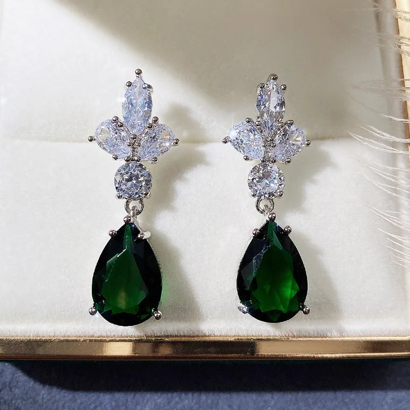 Emerald Green Teardrop Earrings with Clear CZ Leaf Cluster & Silver Tone