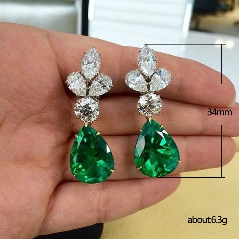 Emerald Green Teardrop Earrings with Clear CZ Leaf Cluster & Silver Tone