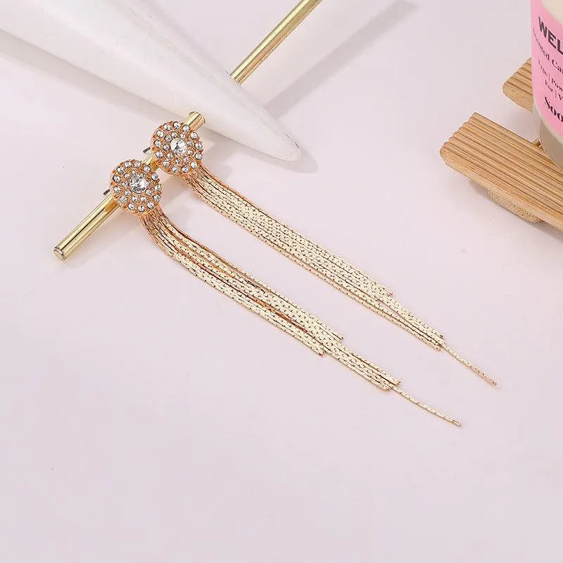 Gold Tone Long Tassel Earrings with Rhinestone Studs & Fringe Chain Dangles