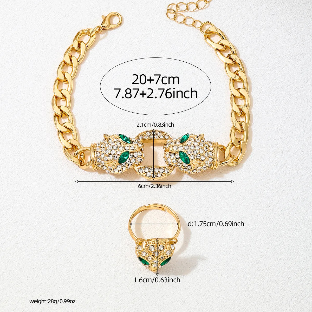 Gothic Jaguar Rhinestone Jewelry Set Women's Cuban Link Curb Chain