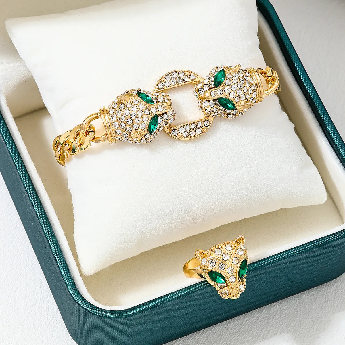 Gothic Jaguar Rhinestone Jewelry Set Women's Cuban Link Curb Chain