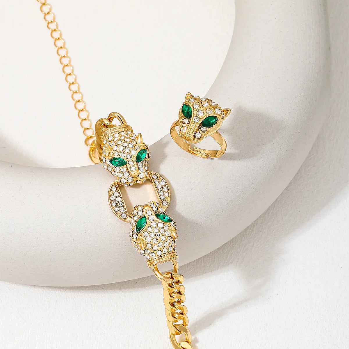 Gothic Jaguar Rhinestone Jewelry Set Women's Cuban Link Curb Chain