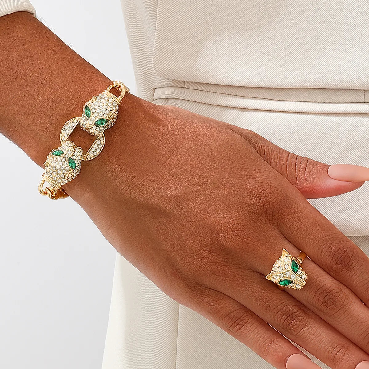 Gothic Jaguar Rhinestone Jewelry Set Women's Cuban Link Curb Chain