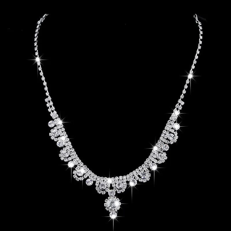 Bridal Pave CZ Necklace Earring Set Waterfall Drop Rhinestone Wedding Jewelry