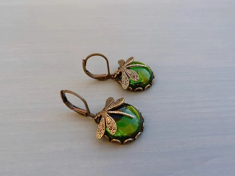 Retro Dragonfly Drop Earrings with Moonstone Inlay - Green, or Blue