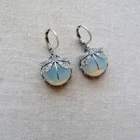 Retro Dragonfly Drop Earrings with Moonstone Inlay - Green, or Blue