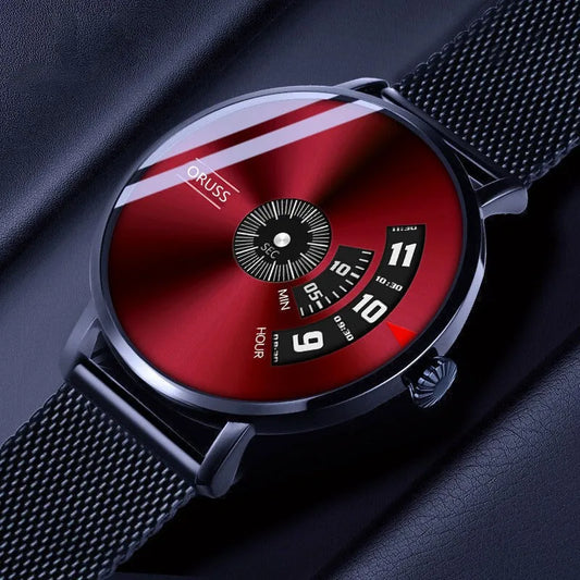 Rotating Disc Analog Watch, Sunburst Red OR Blue Dial, Mesh Strap, 2 Colors