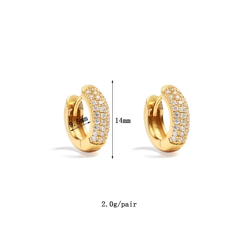Gold Pave CZ Huggie Hoop Earrings with Zircon Crystal Rows - 14mm