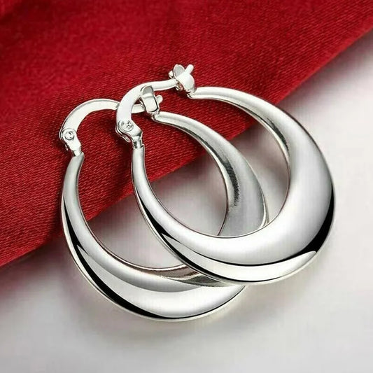Polished Crescent Hoop Earrings, Silver Tone Plated Copper, 12g Pair