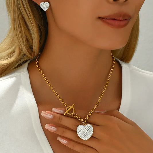 Gold Chain Necklace & Earring Set with Rhinestone Heart Pendant & Toggle Clasp