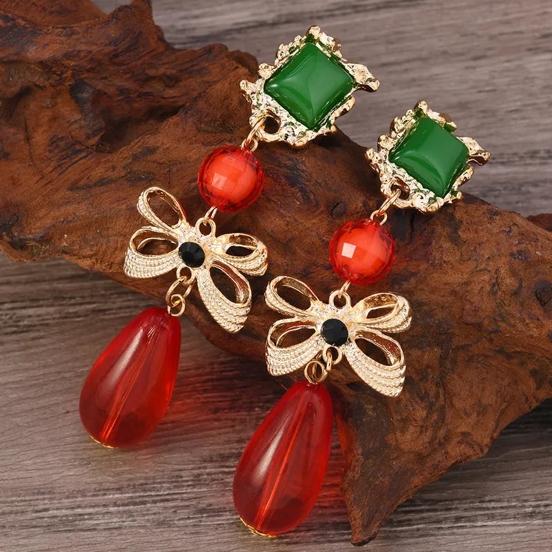 Vintage Style Gold Plated Green Red Crystal Drop Earrings Bow Geometric Dangle