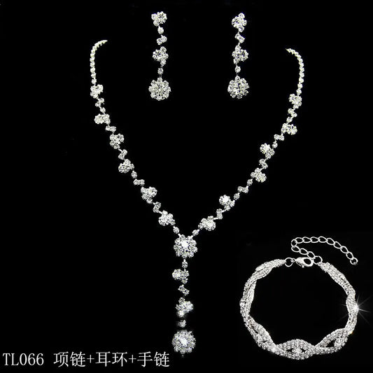 Rhinestone Necklace & Earrings Set, Silver Tone Floral Drops
