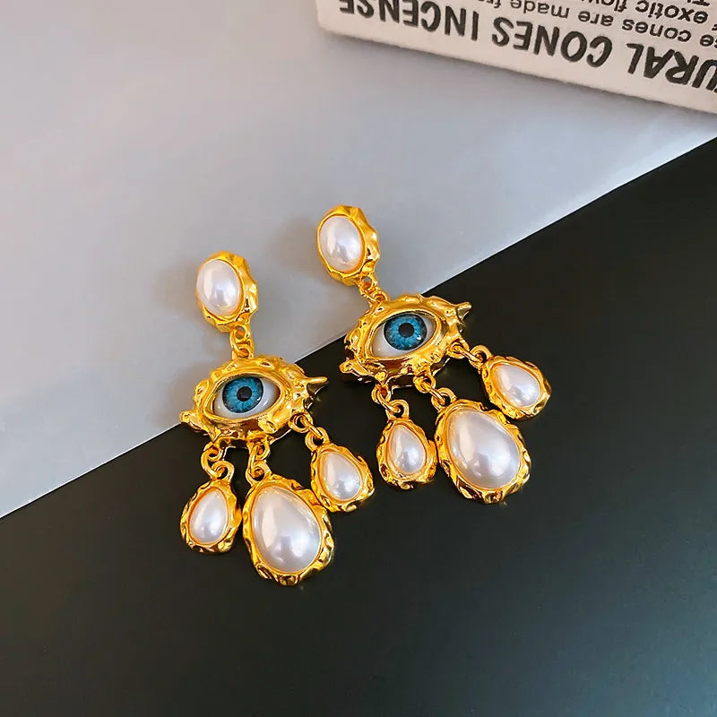 Gold Tone Drop Earrings with Blue Eye, Pearl & Petal Chandelier Design