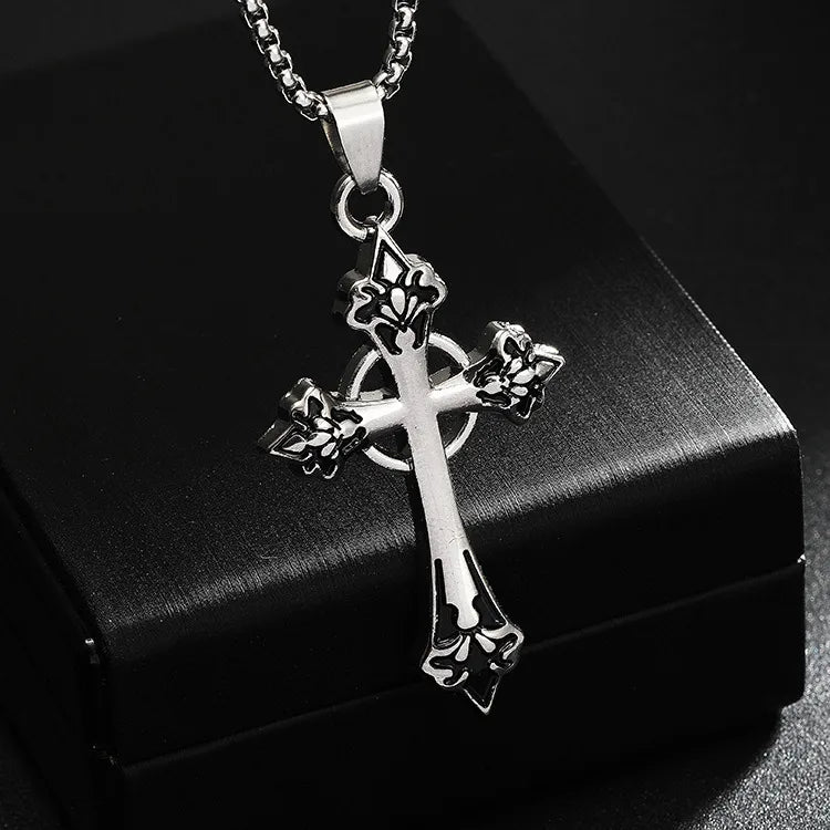 Titanium Steel Gothic Cross Pendant Necklace with Ornate Fleur-de-Lis Ends