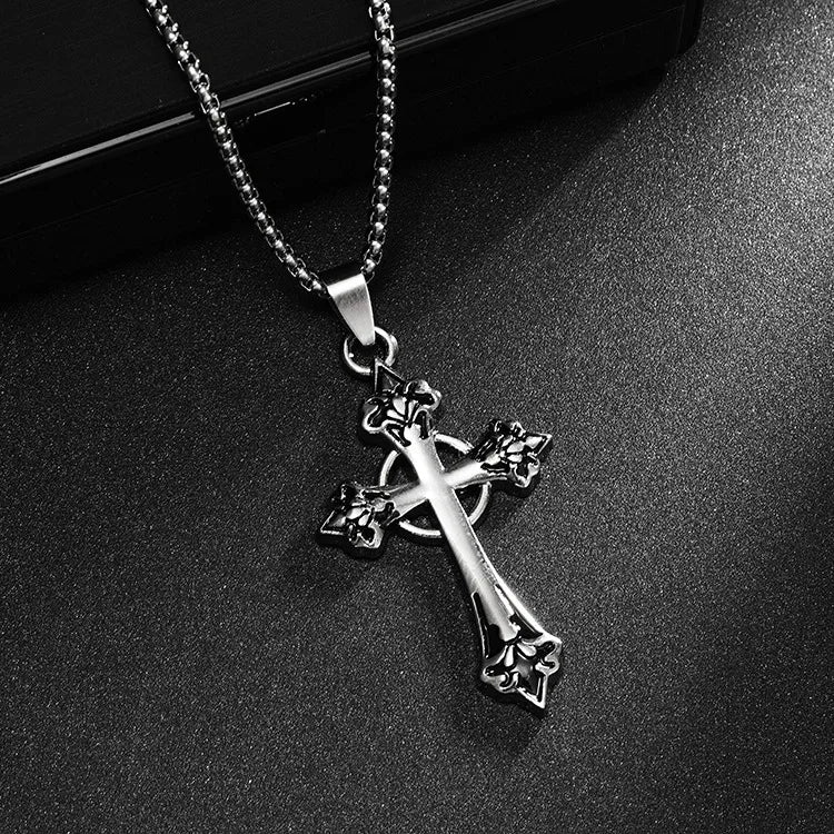 Titanium Steel Gothic Cross Pendant Necklace with Ornate Fleur-de-Lis Ends