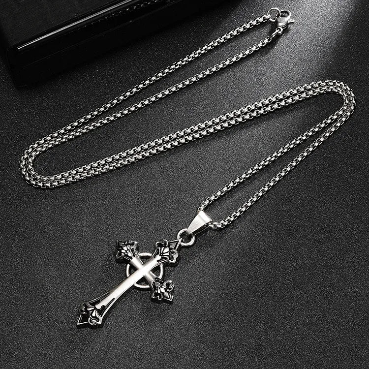 Titanium Steel Gothic Cross Pendant Necklace with Ornate Fleur-de-Lis Ends
