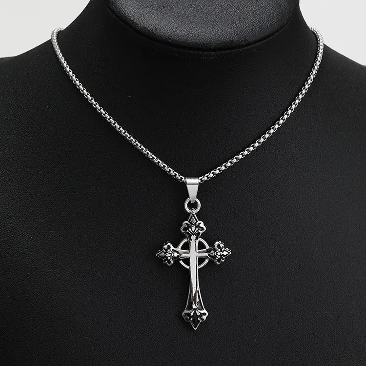 Titanium Steel Gothic Cross Pendant Necklace with Ornate Fleur-de-Lis Ends