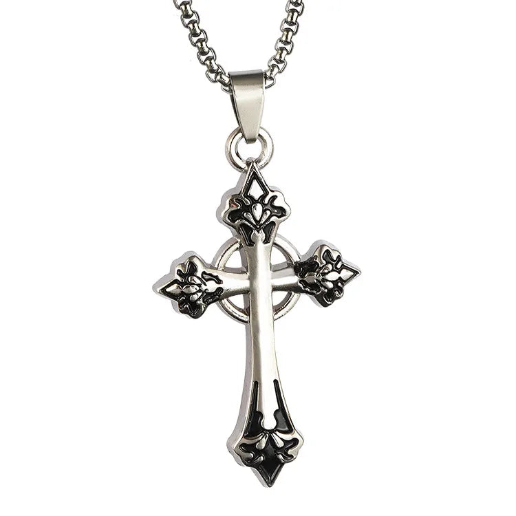 Titanium Steel Gothic Cross Pendant Necklace with Ornate Fleur-de-Lis Ends