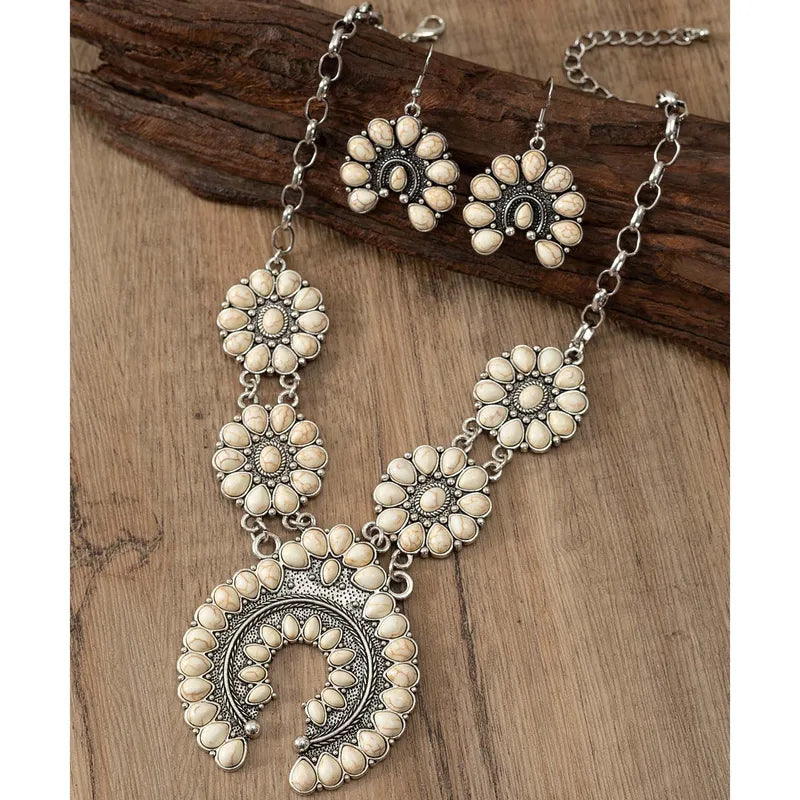 Boho Squash Blossom Necklace & Earring Set with Cream Stone Flower Medallions