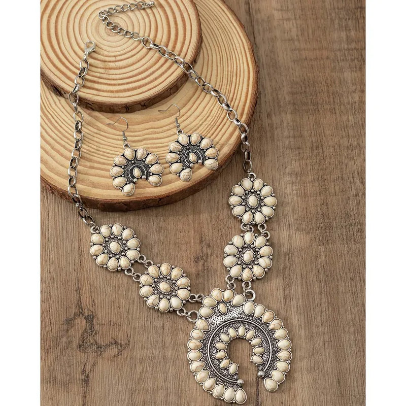 Boho Squash Blossom Necklace & Earring Set with Cream Stone Flower Medallions