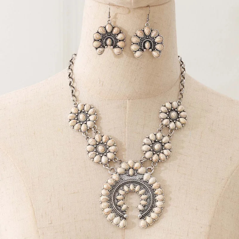 Boho Squash Blossom Necklace & Earring Set with Cream Stone Flower Medallions