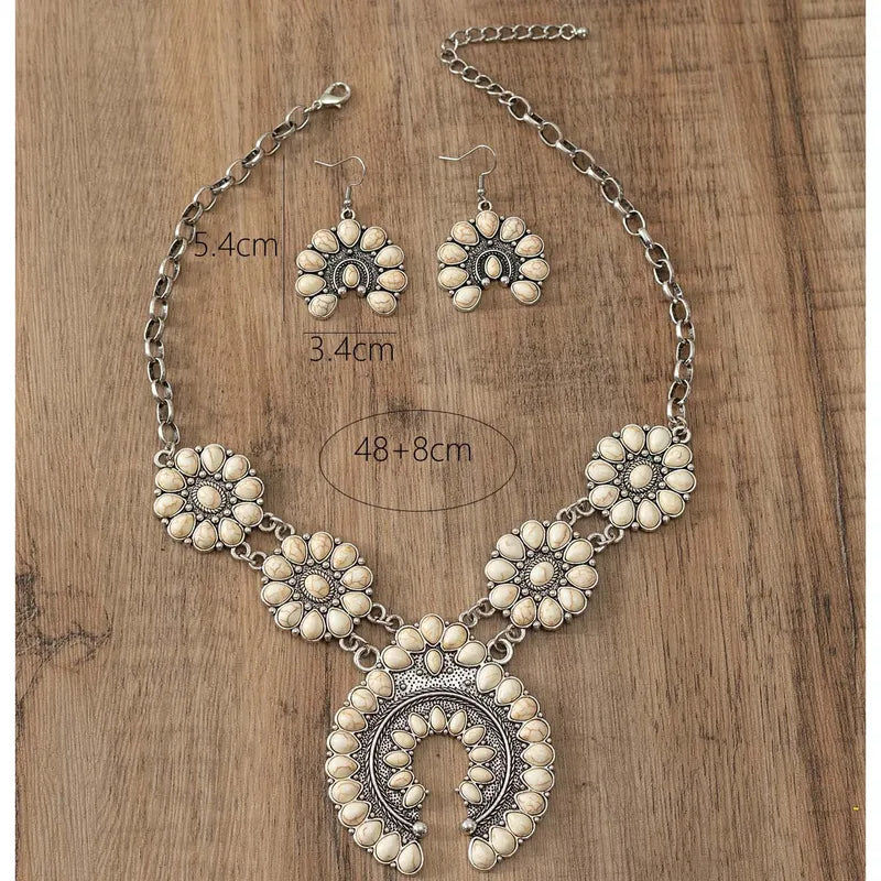Boho Squash Blossom Necklace & Earring Set with Cream Stone Flower Medallions