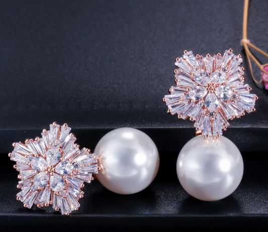 Elegant Rose Gold Plated Cubic Zirconia & Faux Pearl Drop Earrings for Women