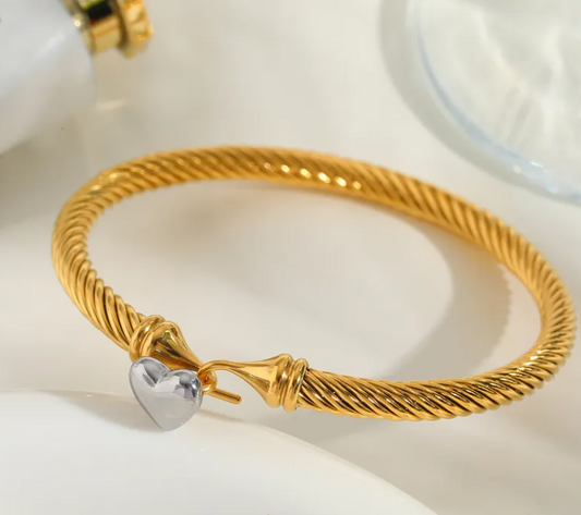 Women's Gold Plated Titanium Steel Bangle Bracelet with Heart Charm
