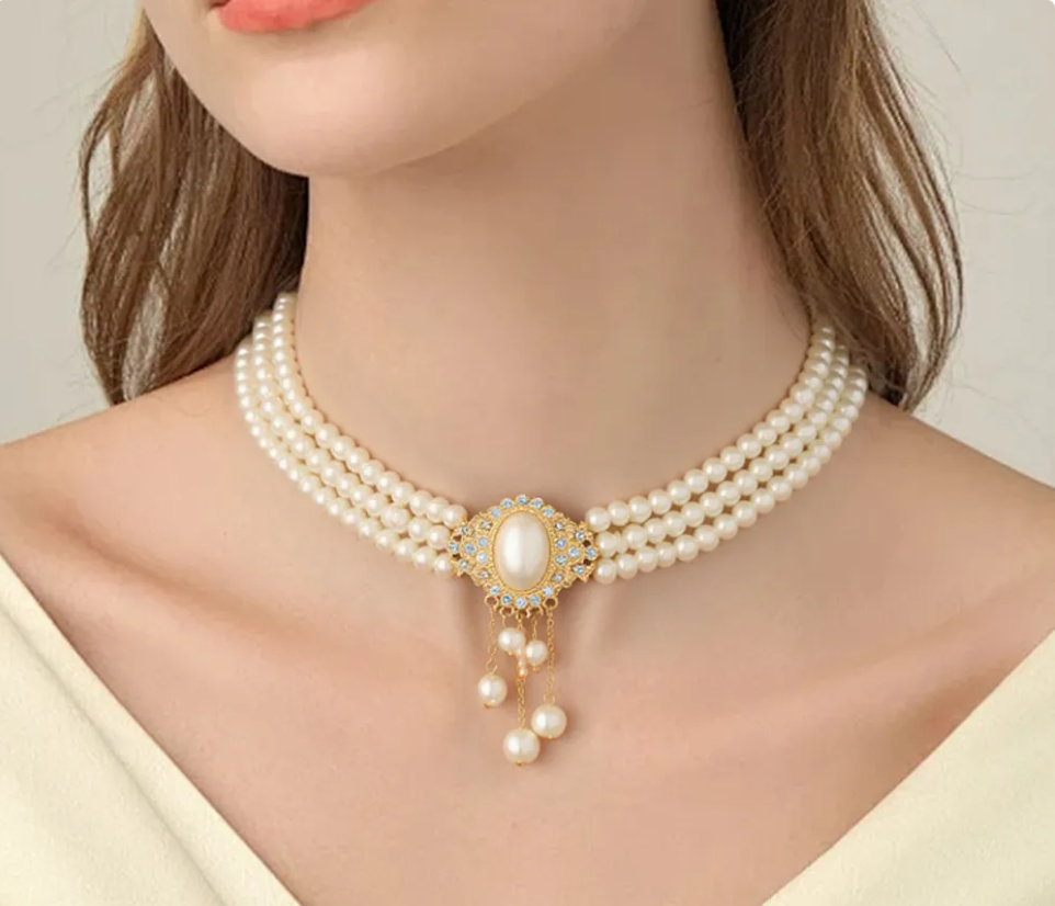 Elegant 3-Layer Imitation Pearl Choker Necklace with Dangle Pendant