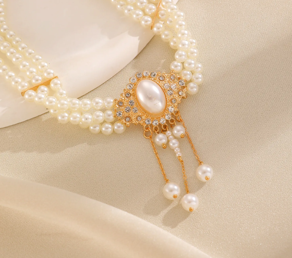Elegant 3-Layer Imitation Pearl Choker Necklace with Dangle Pendant