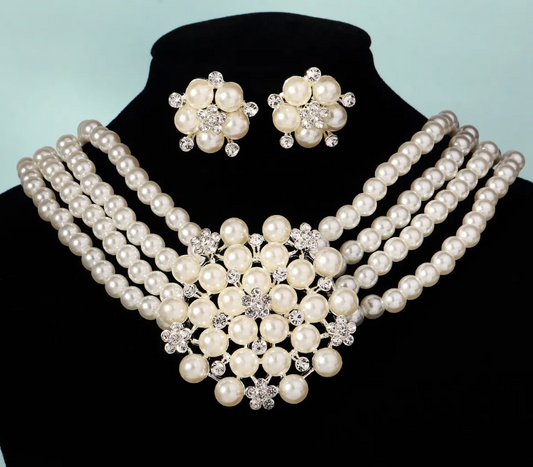 Glamorous Multi-Strand Imitation Pearl Necklace & Earring Jewelry Set – Wedding/Prom