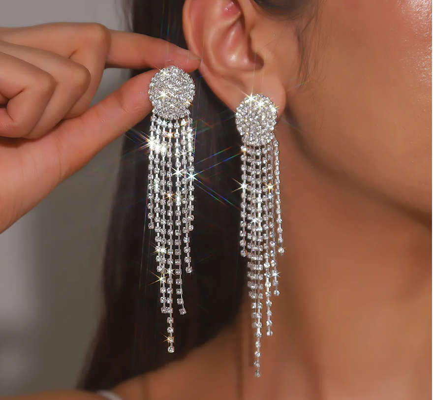Sparkling Rhinestone Dangle Drop Earrings - Luxurious Long Fringe Prom Party