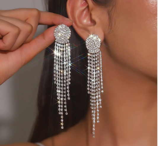 Sparkling Rhinestone Dangle Drop Earrings - Luxurious Long Fringe Prom Party